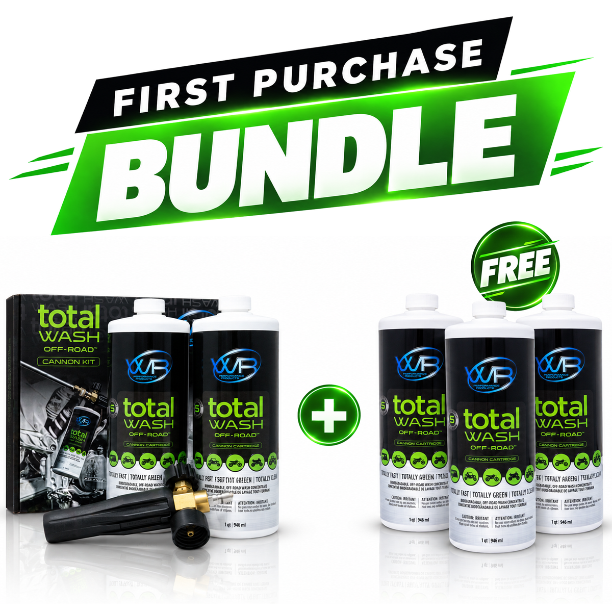 Total Wash Off-Road First Purchase Bundle with pressure washer foam cannon and wash cartridges for ATVs, UTVs, tractors and heavy equipment