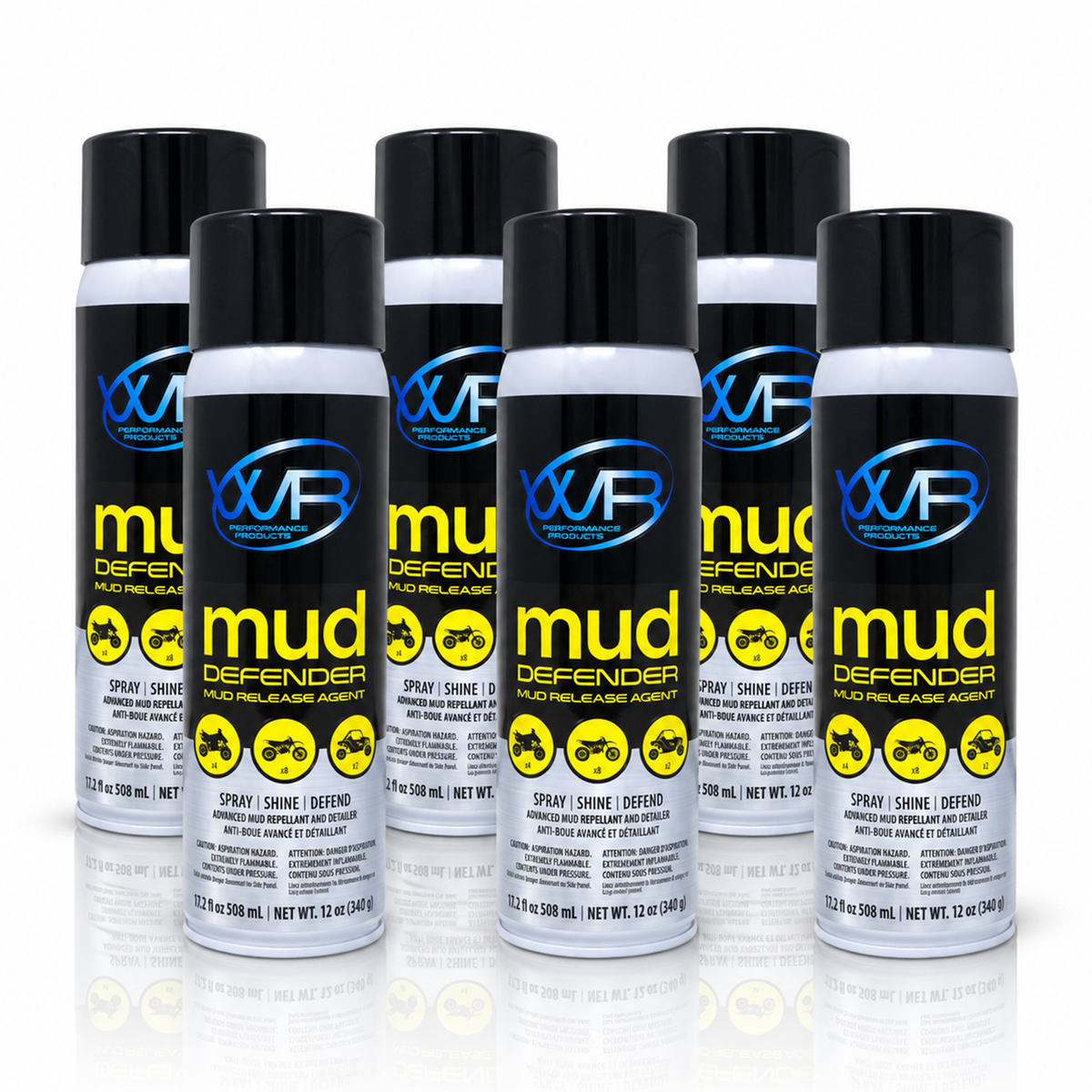 Mud Defender 6-pack mud release spray and protective detailer for ATVs, UTVs, dirt bikes, tractors and agricultural equipment