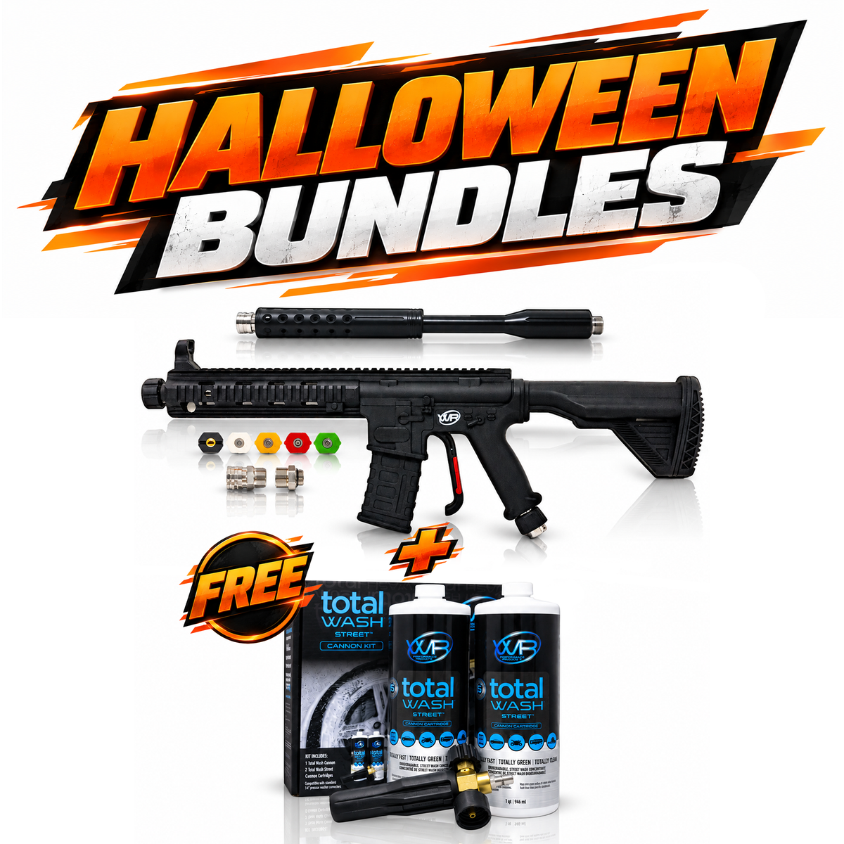 Halloween bundle with Spray R-15 pressure washer gun and Total Wash Street foam cannon kit for cars, trucks, motorcycles, RVs and trailers