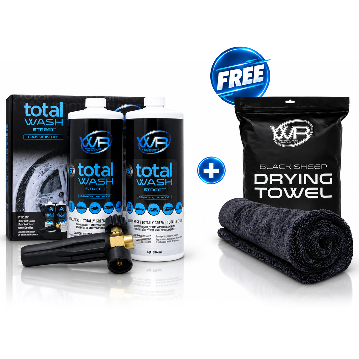 Total Wash Street pressure washer foam cannon kit with wash cartridges and Black Sheep microfiber car drying towel