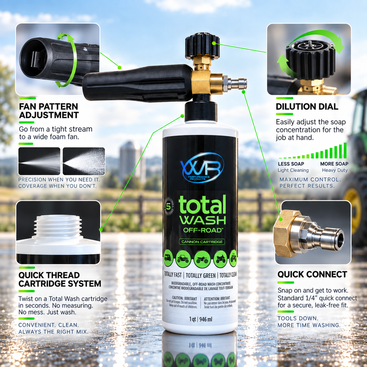 Total Wash Off-Road pressure washer foam cannon features with adjustable dilution dial, fan pattern, quick-connect fitting and threaded wash cartridge