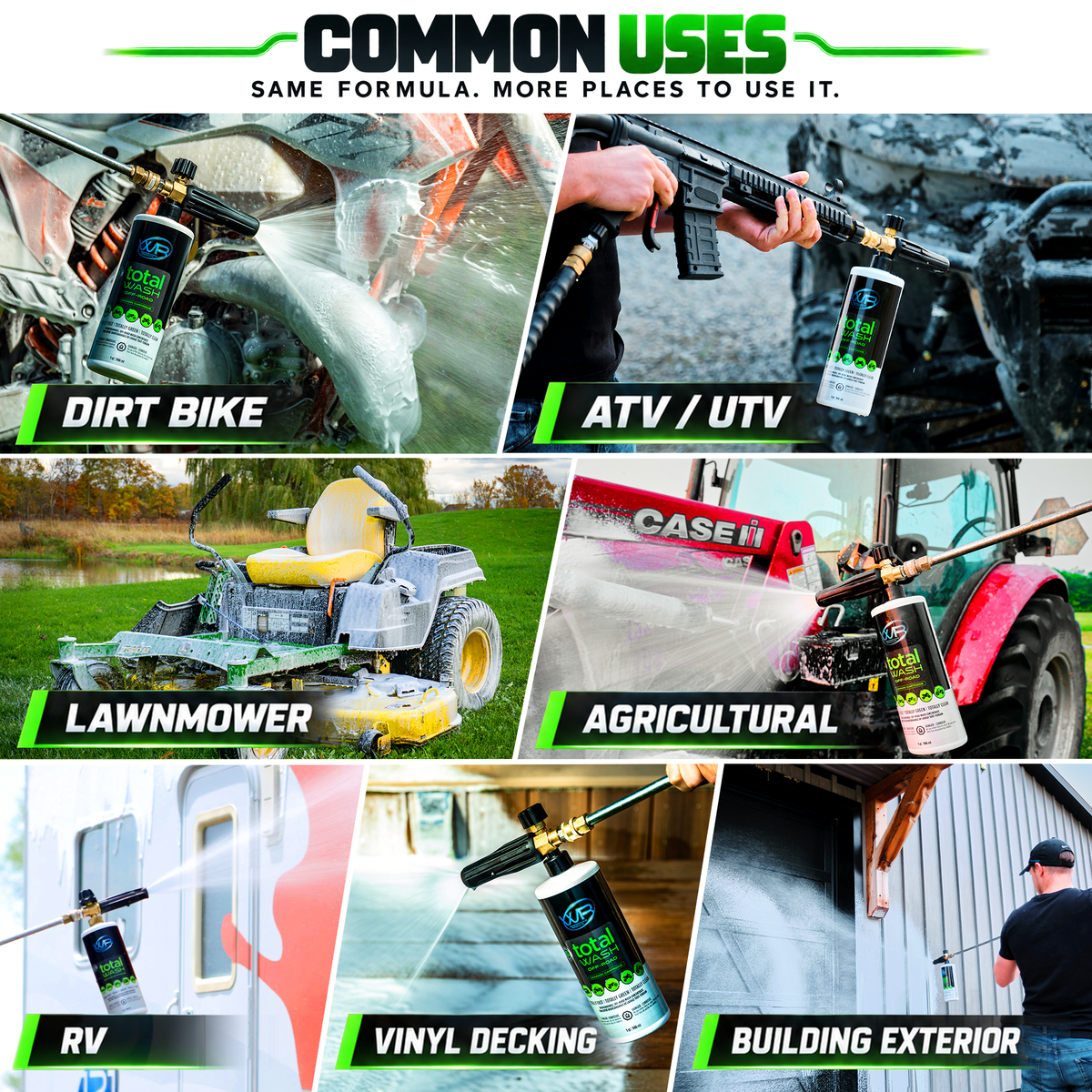 Total Wash Off-Road cleaner uses for dirt bikes, ATVs, UTVs, lawn mowers, tractors, agricultural equipment, RVs, vinyl decking and building exteriors