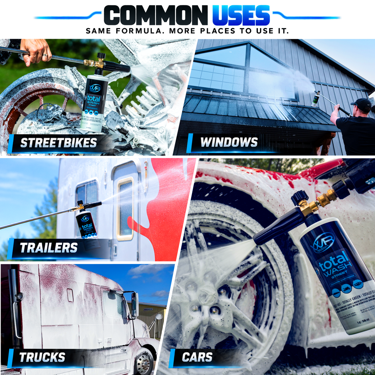 Total Wash Street vehicle cleaner uses for cars, trucks, motorcycles, trailers, windows and exterior surfaces with pressure washer foam cannon