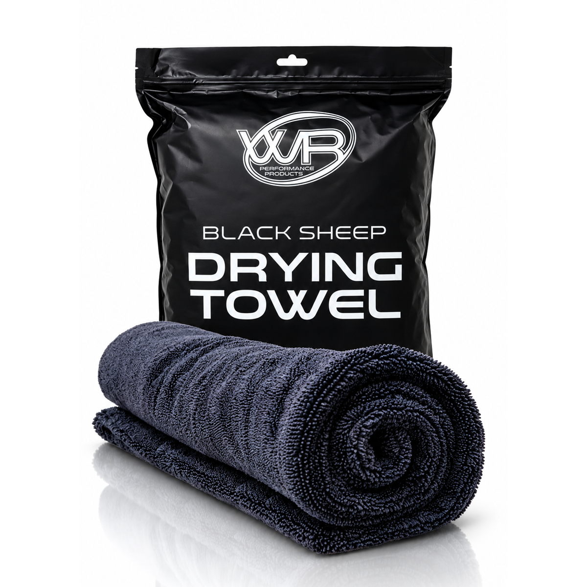 WR Performance Black Sheep microfiber car drying towel with branded storage bag
