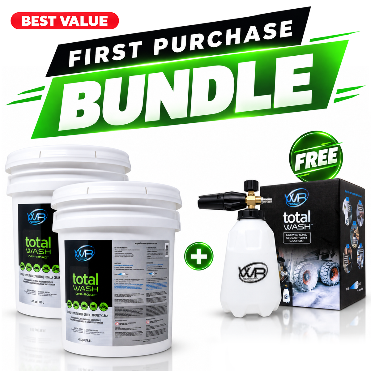 Total Wash Off-Road commercial cleaning bundle with two 5-gallon wash pails and pressure washer foam cannon for tractors, heavy equipment, agricultural machinery and fleets