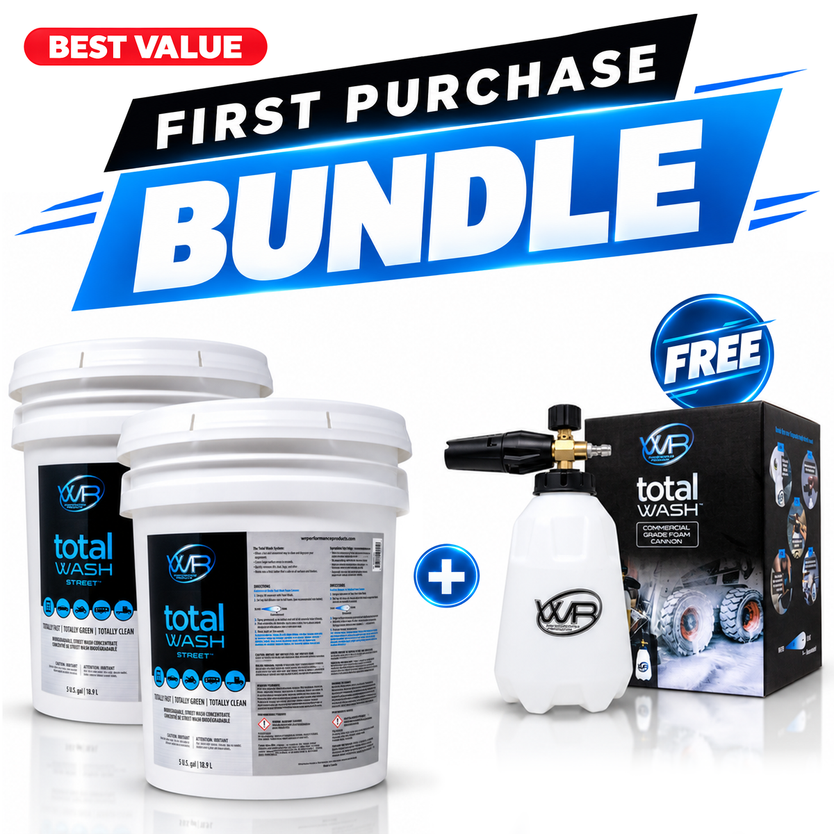 Total Wash Street commercial cleaning bundle with two 5-gallon vehicle wash pails and pressure washer foam cannon for cars, trucks and fleet washing