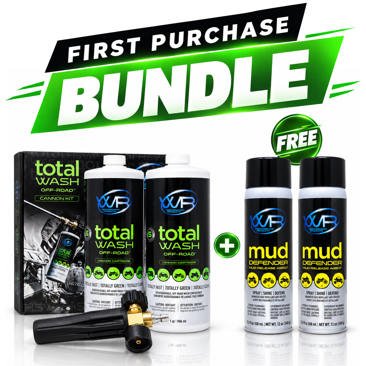 Total Wash Off-Road First Purchase Bundle with pressure washer foam cannon, wash cartridges and Mud Defender for ATVs, UTVs, tractors and heavy equipment