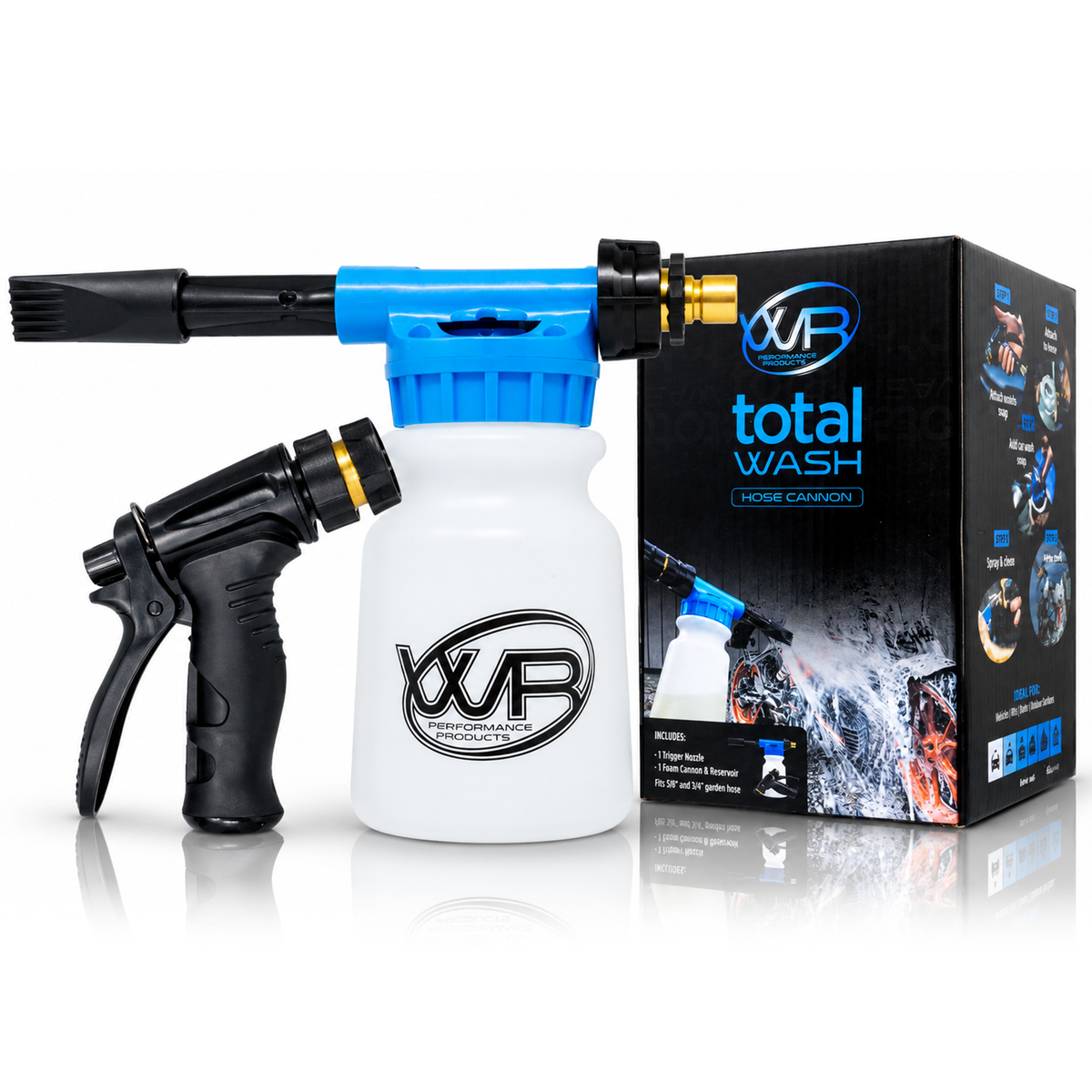 WR Performance Total Wash Hose Cannon kit with foam cannon reservoir and garden hose spray nozzle