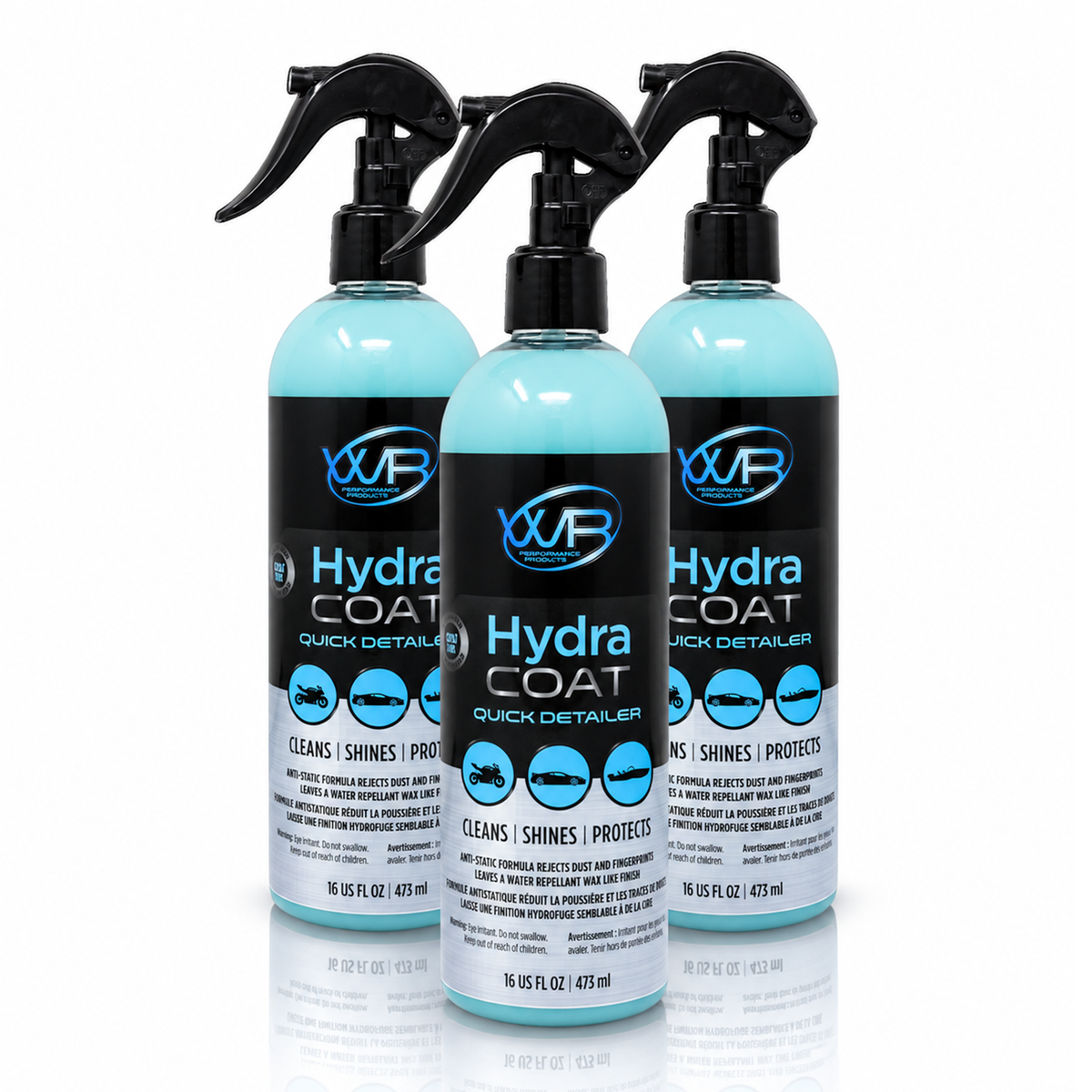 Hydra Coat Quick Detailer 3-pack spray bottles for cleaning, shining and protecting cars, motorcycles and boats