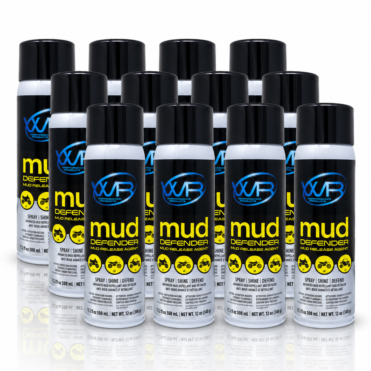 Mud Defender 12-pack mud release spray and protective detailer for ATVs, UTVs, dirt bikes, tractors and agricultural equipment