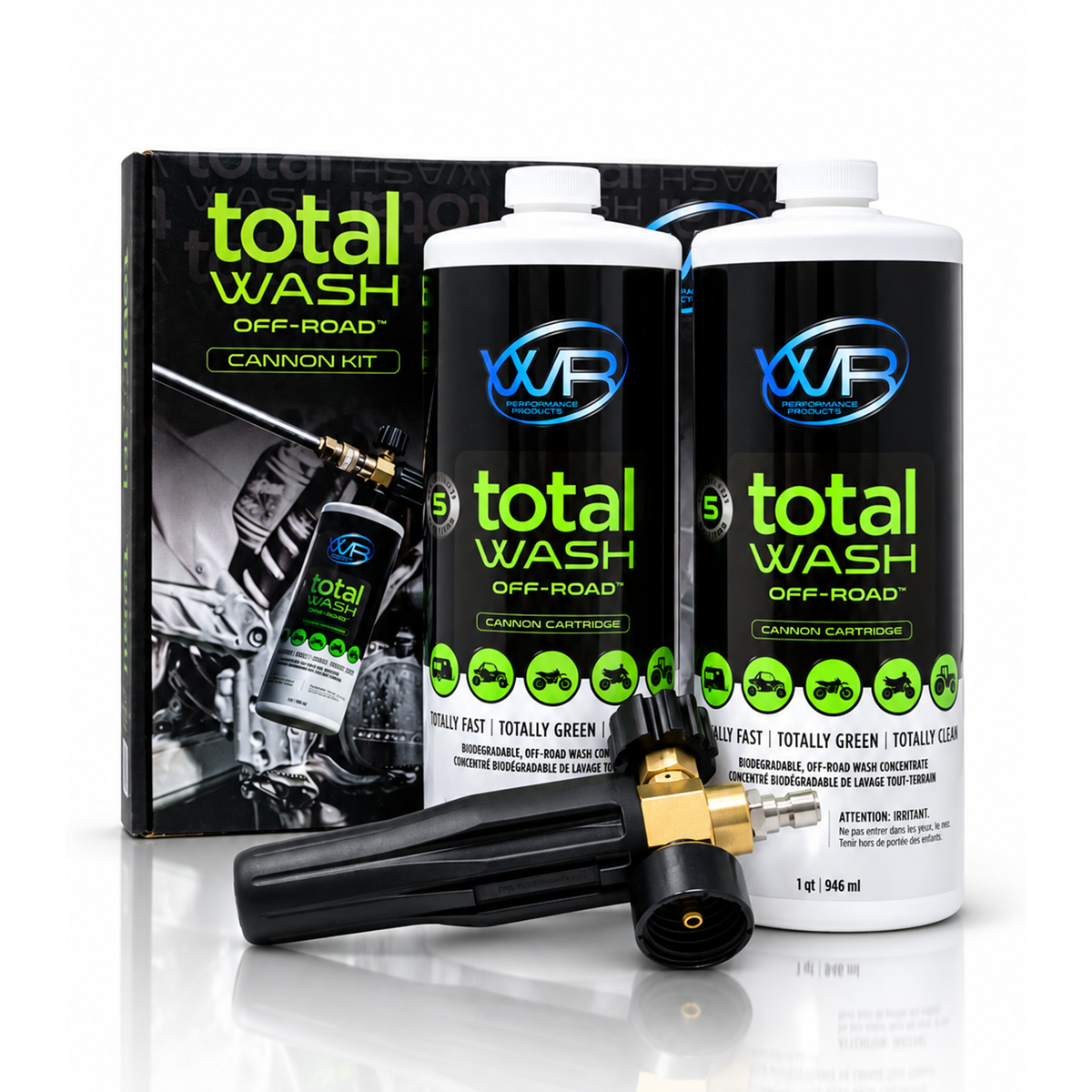 WR Performance Total Wash Off-Road Cannon Kit with pressure washer foam cannon and two biodegradable wash cartridges for ATVs, agricultural equipment and heavy machinery