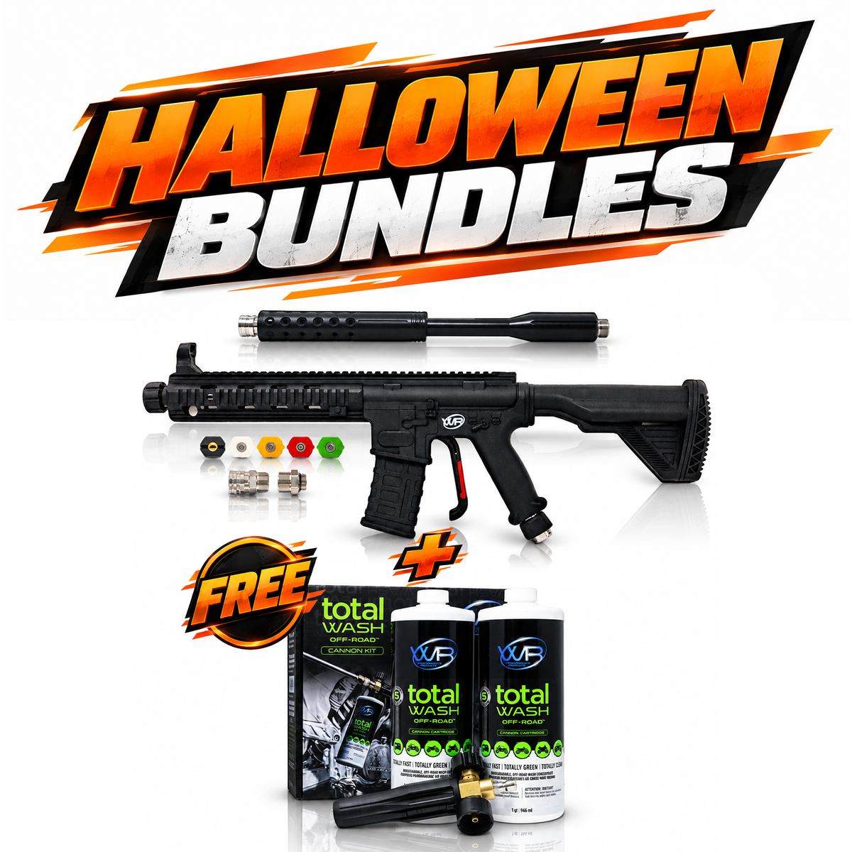 Halloween bundle with Spray R-15 pressure washer gun and Total Wash Off-Road foam cannon kit for ATVs, UTVs, dirt bikes, tractors and heavy equipment