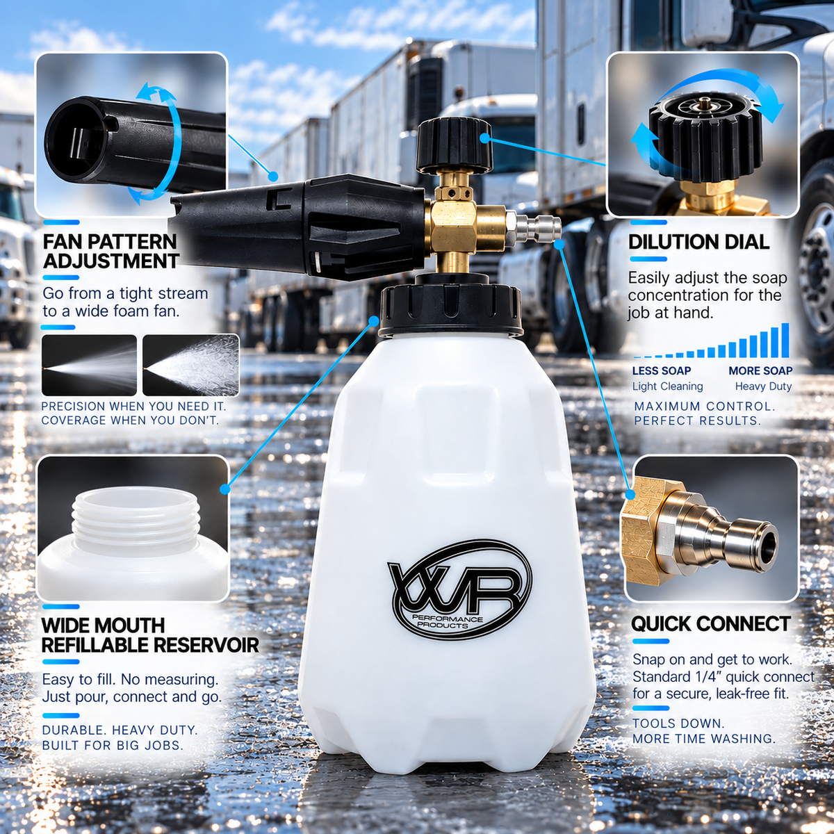 Total Wash Commercial pressure washer foam cannon with adjustable dilution dial, fan pattern, quick-connect fitting and wide-mouth refillable reservoir