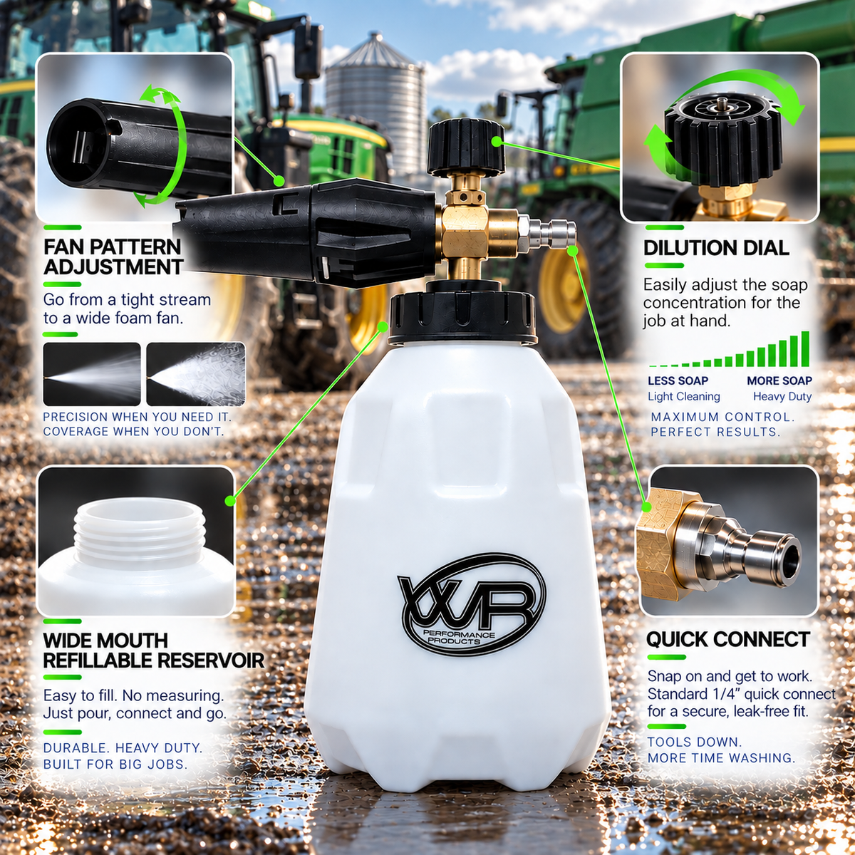 Total Wash Commercial pressure washer foam cannon for tractors and agricultural equipment with adjustable dilution dial, fan pattern and refillable reservoir