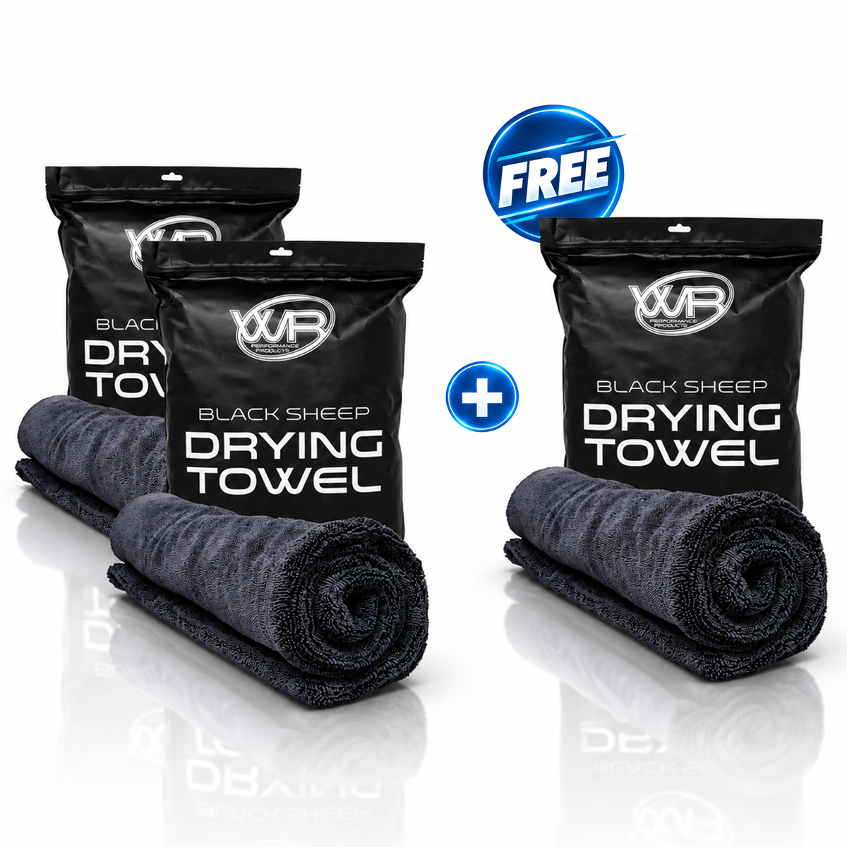 Black Sheep microfiber car drying towel bundle with two premium drying towels plus one free towel